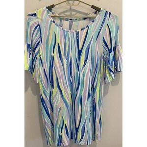 Lilly Pulitzer Dress Puff Sleeve Lindell Shore Perfect Blue Green Stretch XL